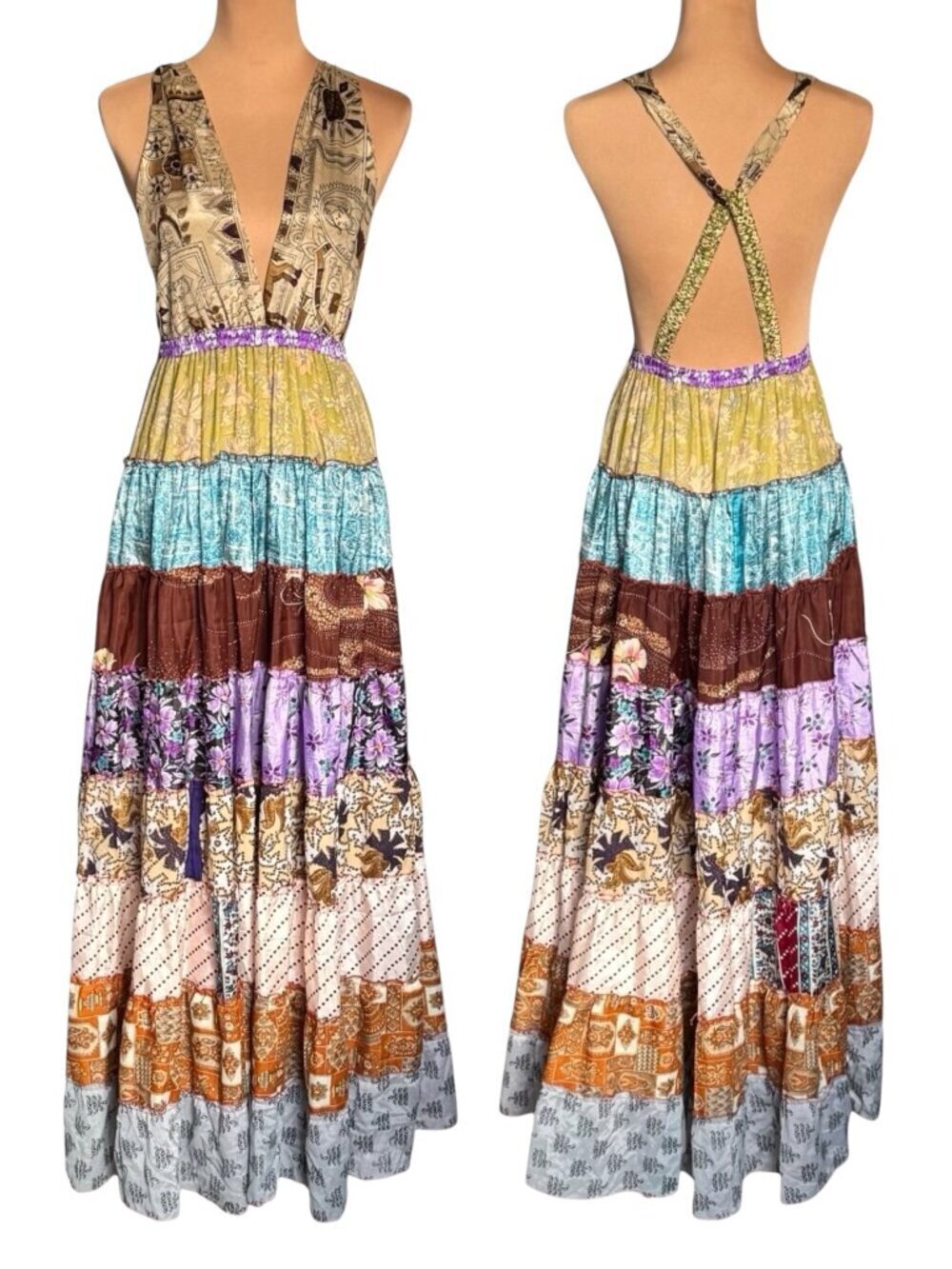 Boho Y2K Patchwork Tiered Maxi Dress Sz S Open Back Flowy Gipsy